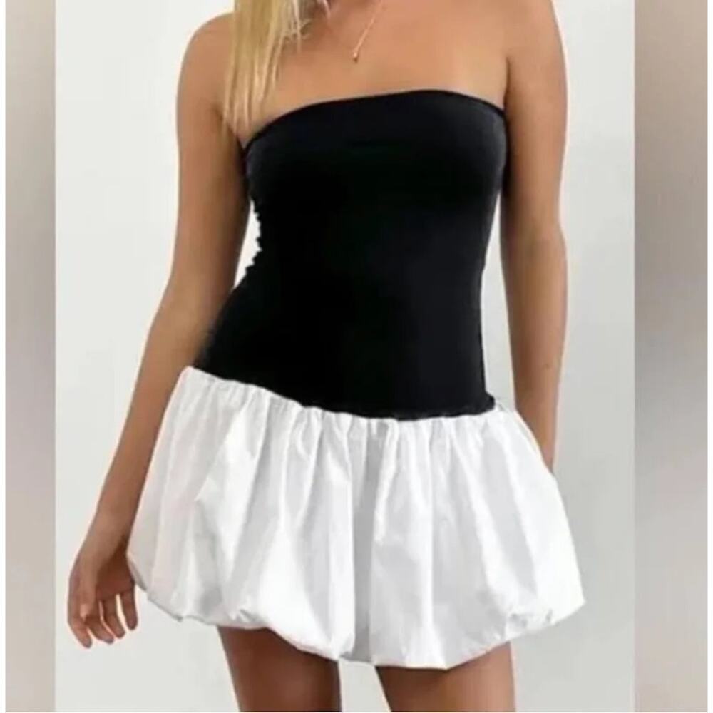 Camila Coelho Mini Strapless Bubble Hem Dress size small black and white